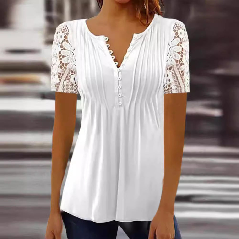👚 Chemise Dentelle Femme – Manches Courtes & Boutons Imprimés | XL-Charmes