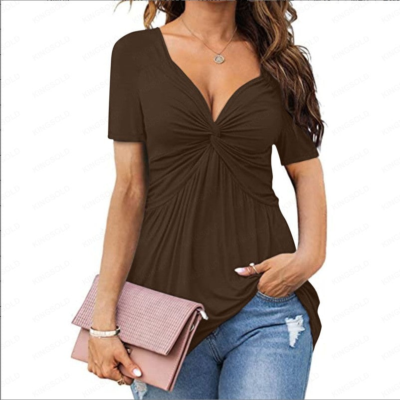 👚 T-shirt Élegant Femme – Col en V, Torsadé & Manches Courtes | XL-Charmes