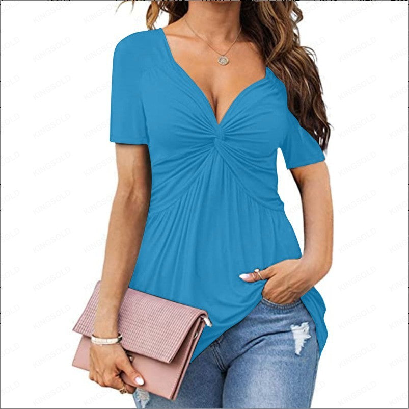 👚 T-shirt Élegant Femme – Col en V, Torsadé & Manches Courtes | XL-Charmes