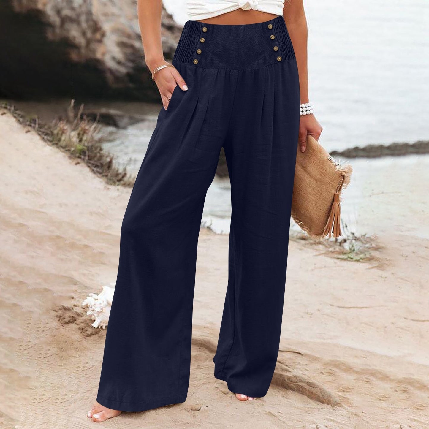 🌿 Pantalon Ample Taille Haute Femme | Coton Lin | Confort Printemps-Été | XL-Charmes