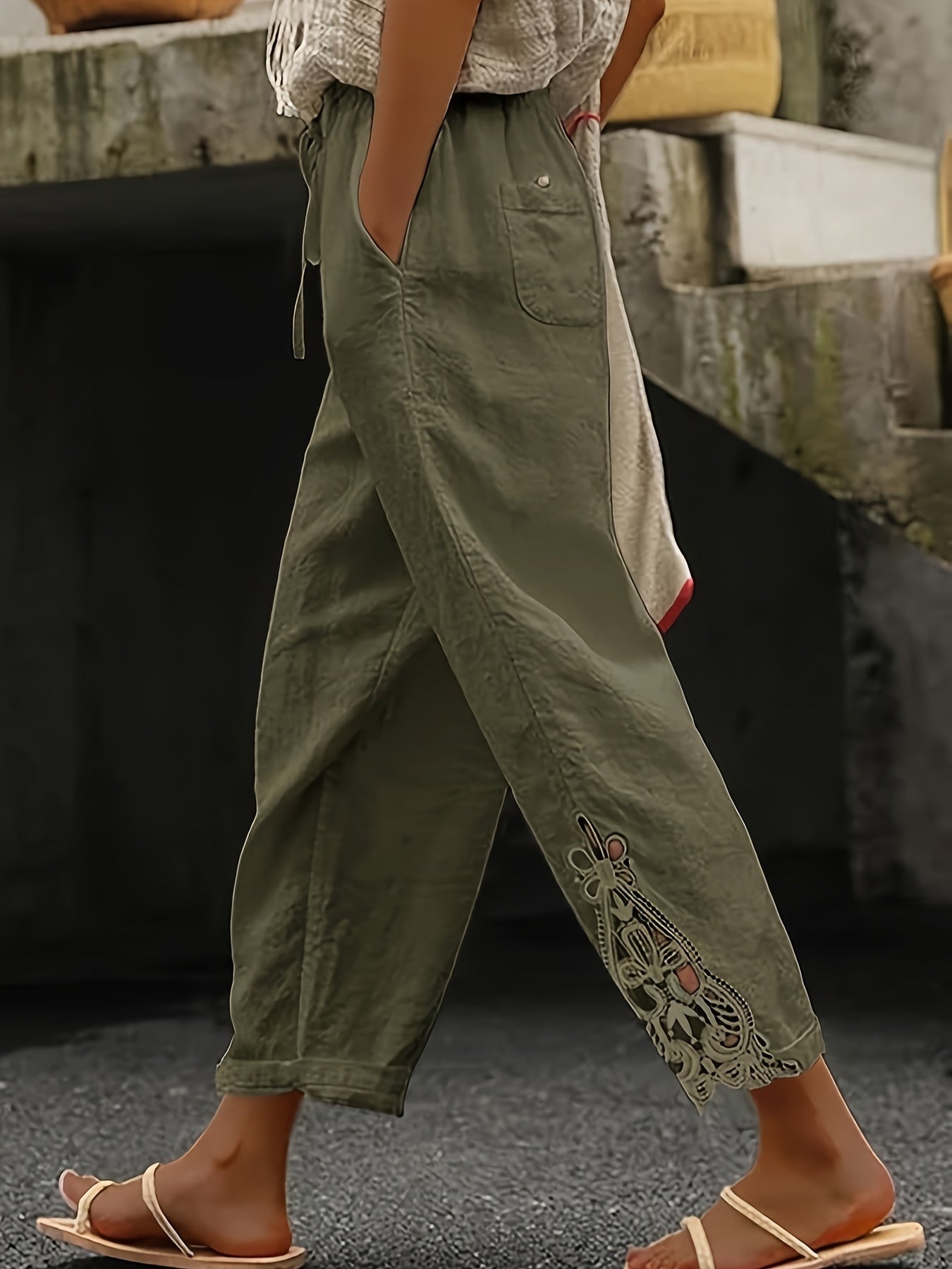 👖 Pantalon Droit Femme – Cordon de Serrage & Dentelle | XL-Charmes