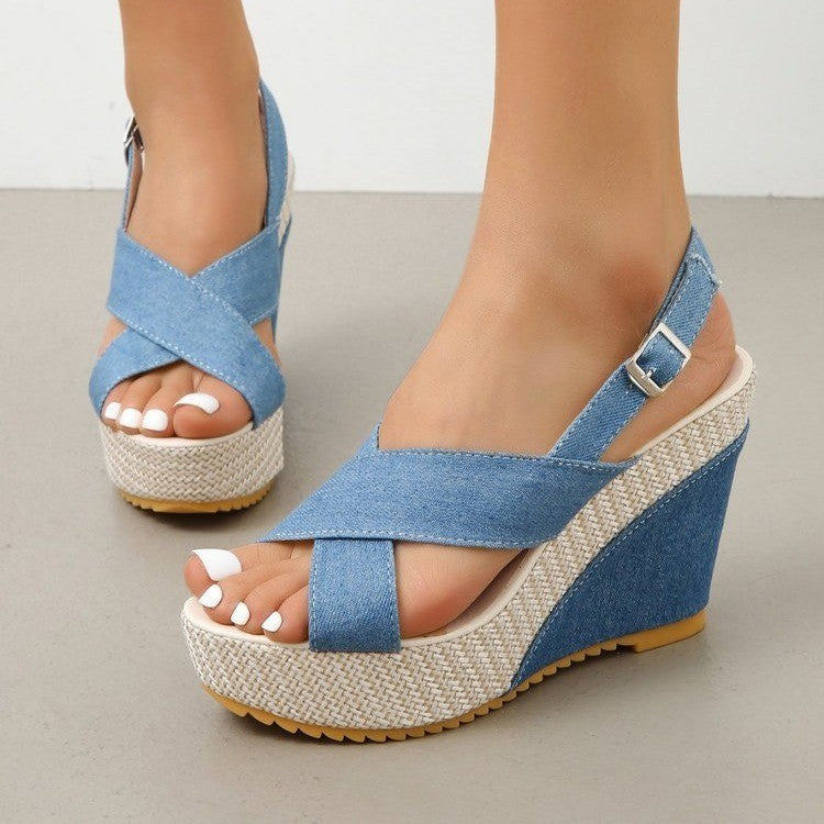 👡 Sandales Compensées Femme – Plateforme Denim Grande Taille Été 2024