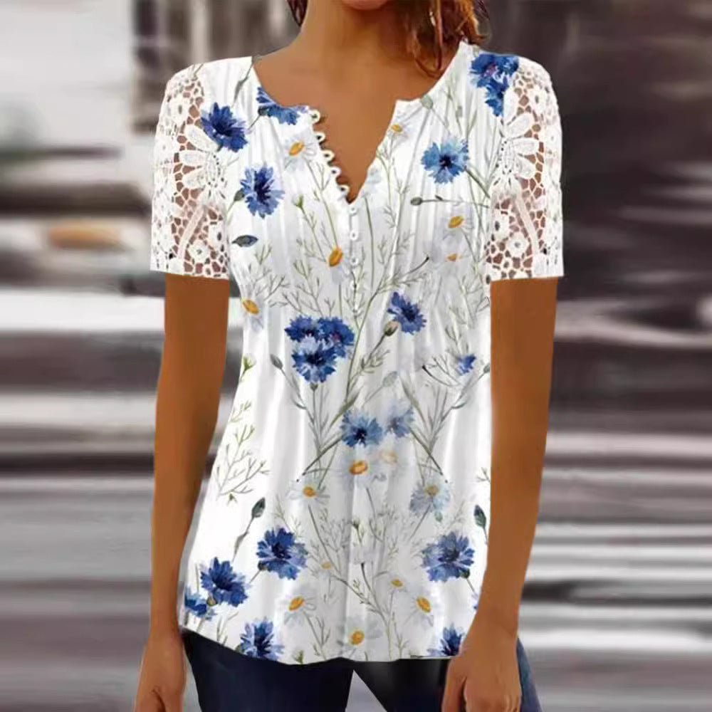 👚 Chemise Dentelle Femme – Manches Courtes & Boutons Imprimés | XL-Charmes