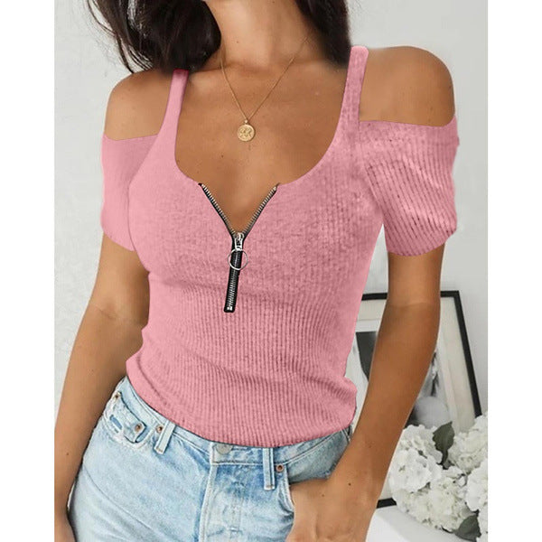 👚 T-shirt Court Zippé Femme – Grande Taille à Manches Courtes