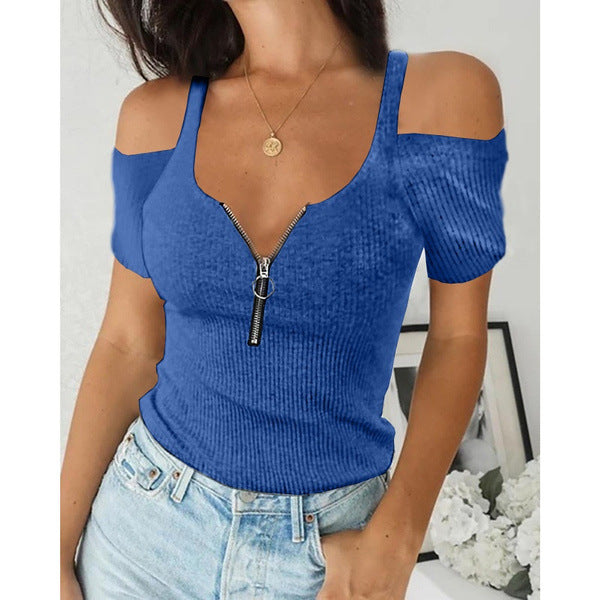 👚 T-shirt Court Zippé Femme – Grande Taille à Manches Courtes