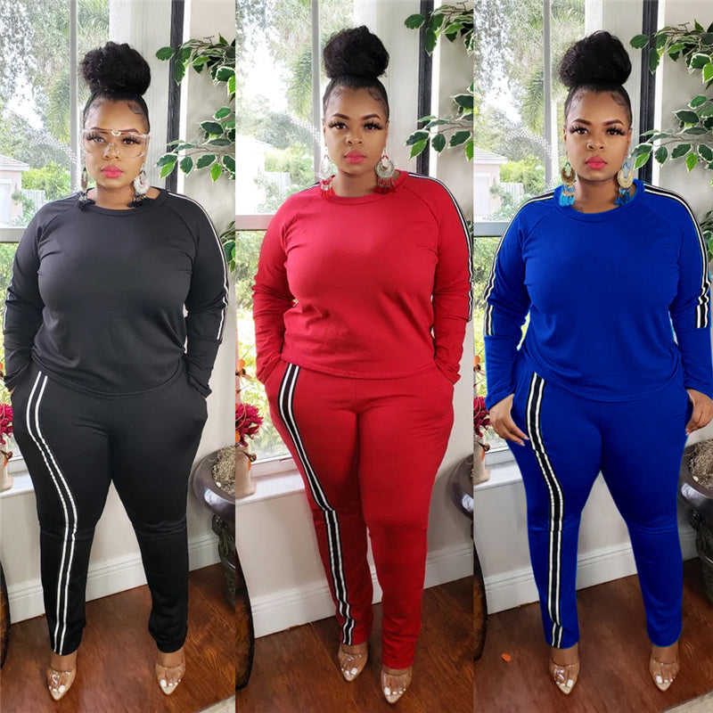 👚 Ensemble 2 Pièces Femme – Grande Taille avec Rayures Latérales