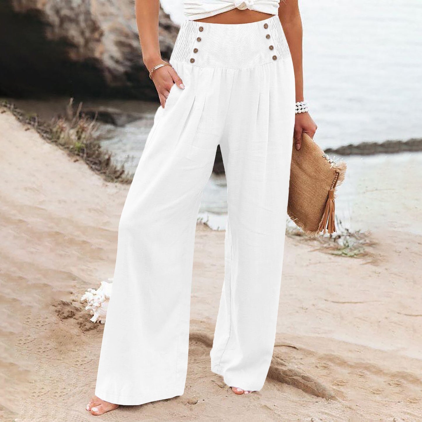 🌿 Pantalon Ample Taille Haute Femme | Coton Lin | Confort Printemps-Été | XL-Charmes