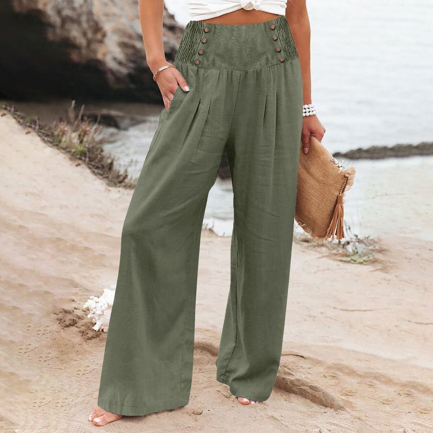 🌿 Pantalon Ample Taille Haute Femme | Coton Lin | Confort Printemps-Été | XL-Charmes