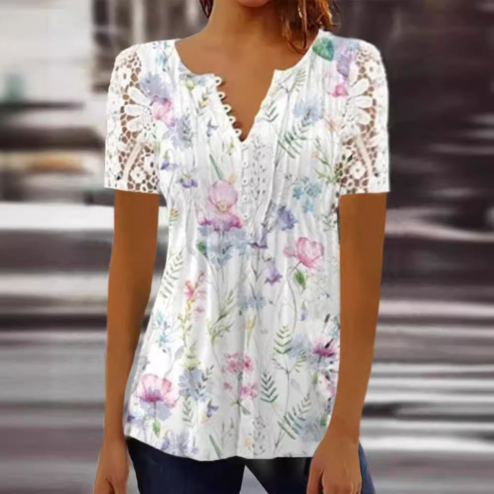 👚 Chemise Dentelle Femme – Manches Courtes & Boutons Imprimés | XL-Charmes