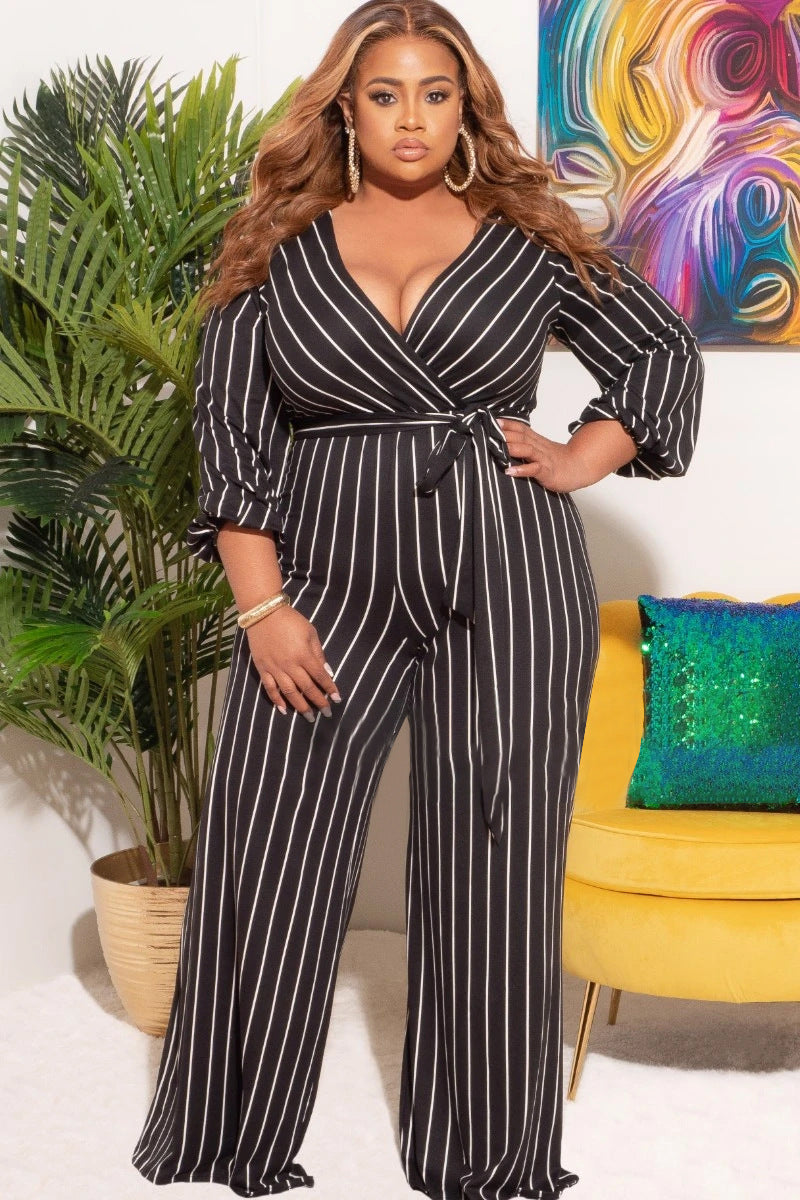 👗 Combinaison Rayée Grande Taille – Col V & Imprimé Placement | XL-Charmes