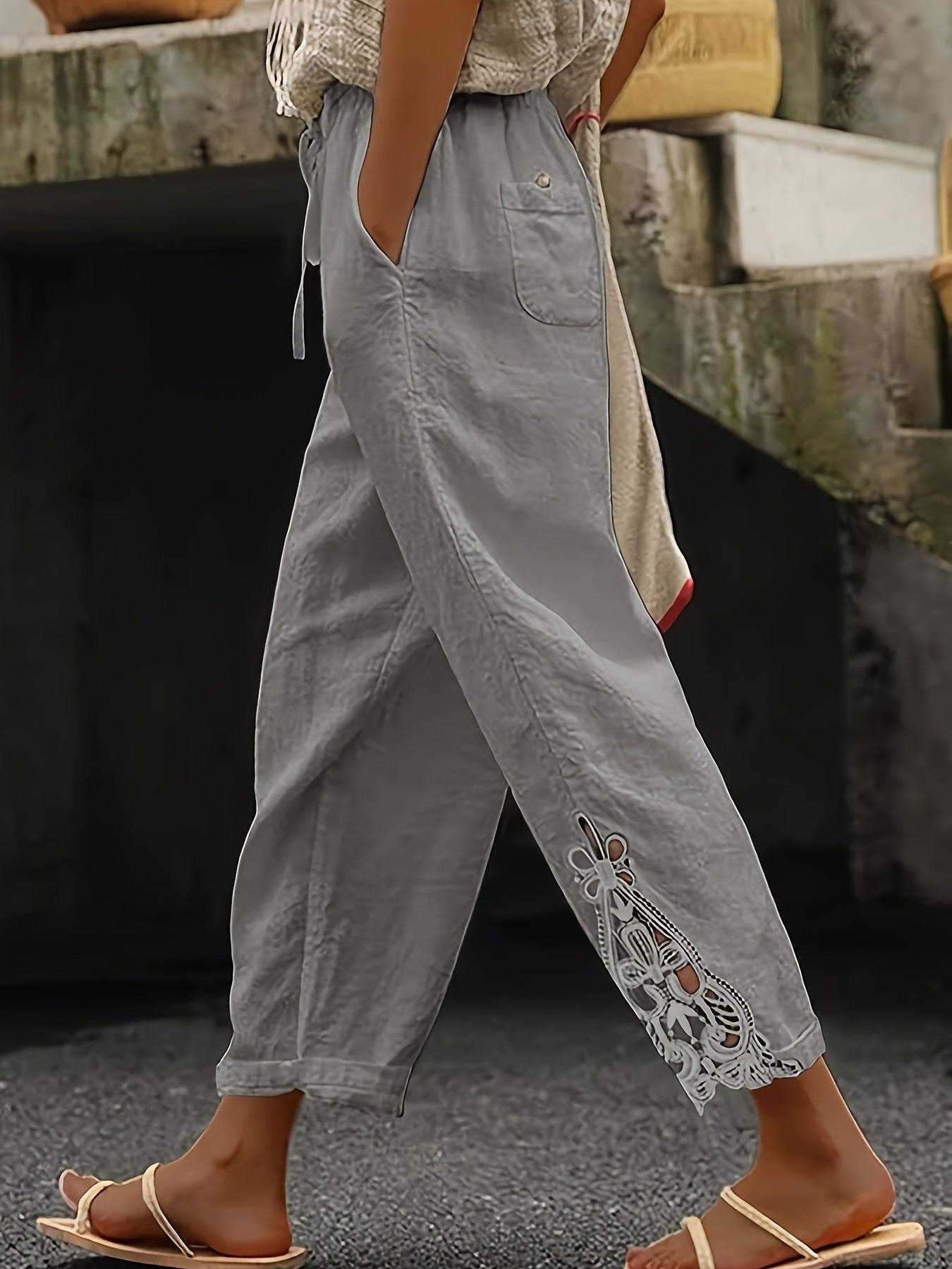 👖 Pantalon Droit Femme – Cordon de Serrage & Dentelle | XL-Charmes
