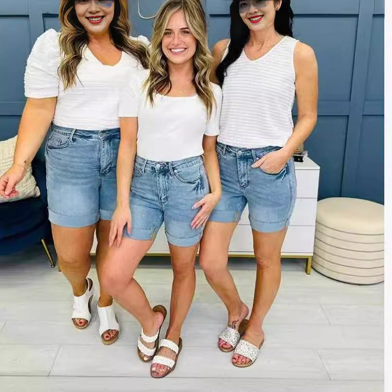 🩳 Shorts Femme Grande Taille – Jean Élastique Taille Haute