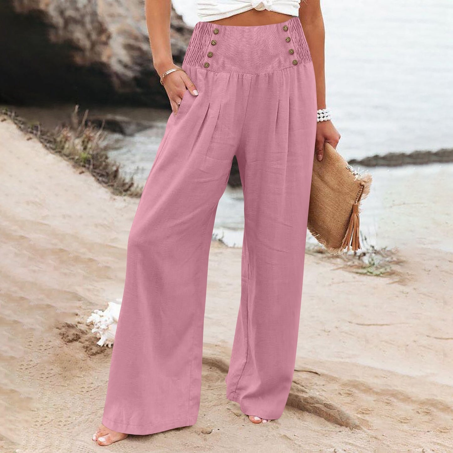🌿 Pantalon Ample Taille Haute Femme | Coton Lin | Confort Printemps-Été | XL-Charmes