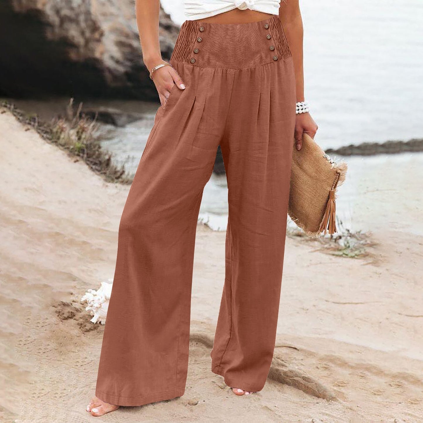 🌿 Pantalon Ample Taille Haute Femme | Coton Lin | Confort Printemps-Été | XL-Charmes
