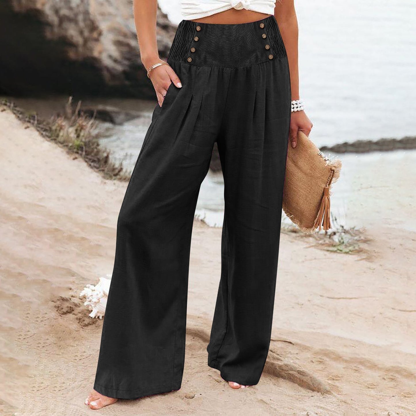 🌿 Pantalon Ample Taille Haute Femme | Coton Lin | Confort Printemps-Été | XL-Charmes