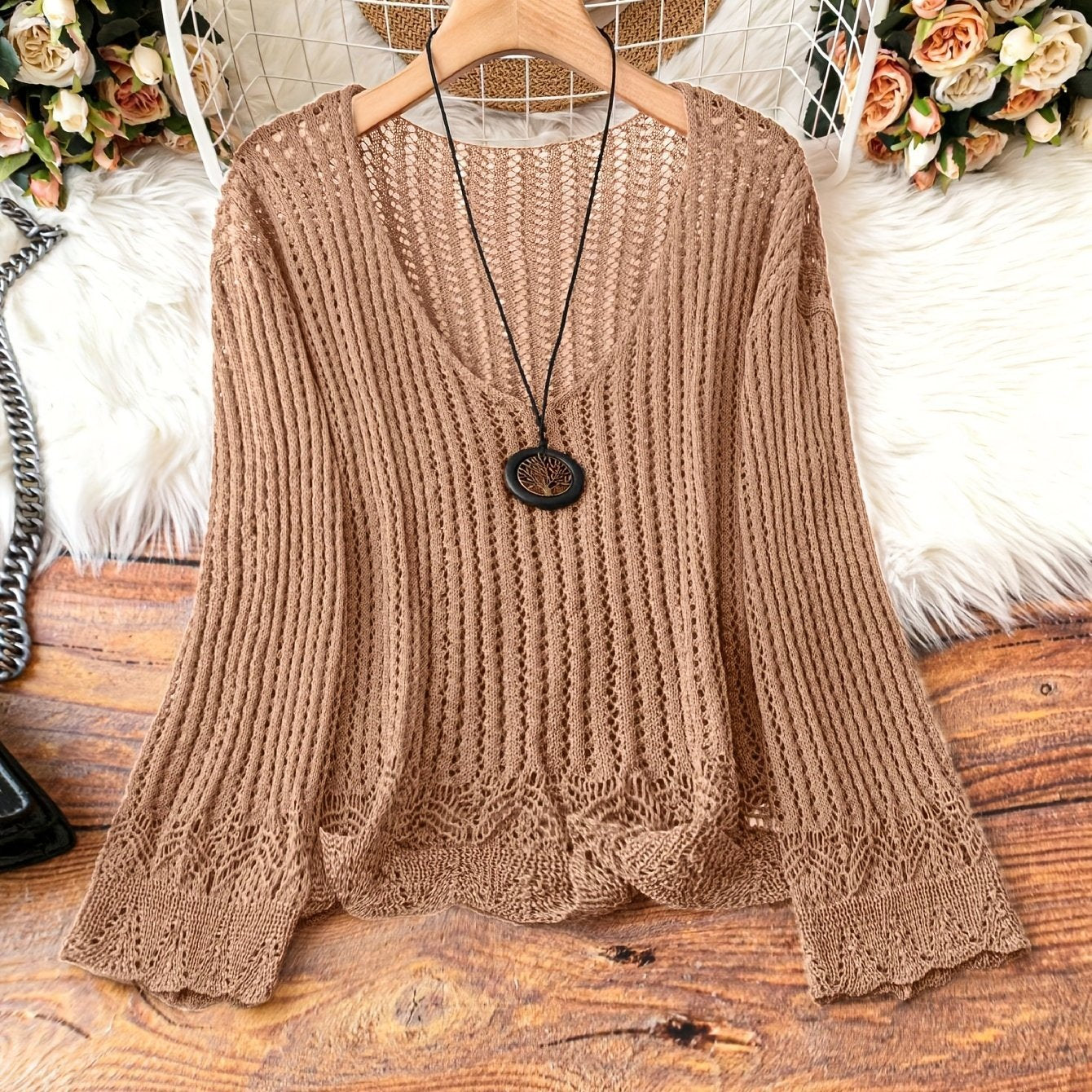 🧶 Pull Tricoté Femme – Manches Longues, Col en V & Grande Taille | XL-Charmes