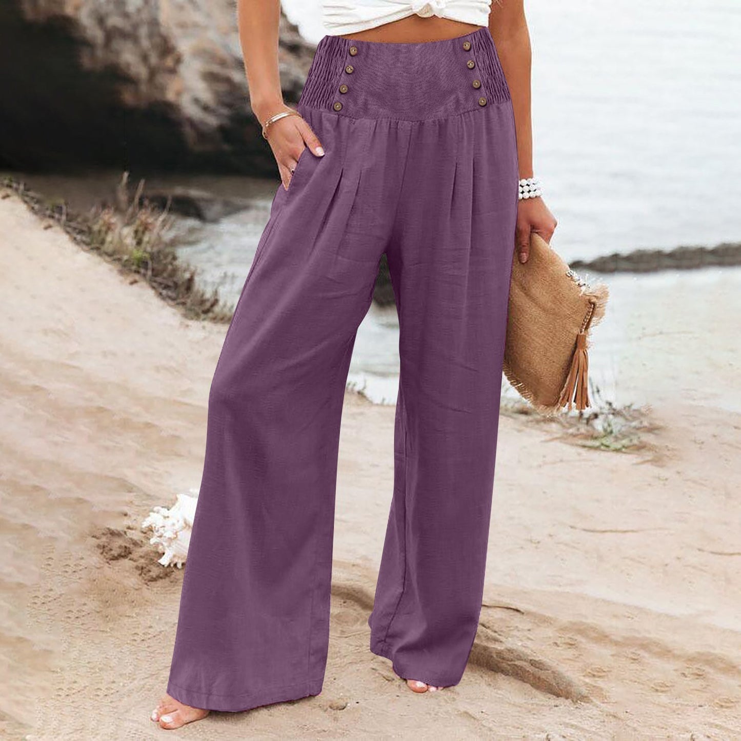 🌿 Pantalon Ample Taille Haute Femme | Coton Lin | Confort Printemps-Été | XL-Charmes