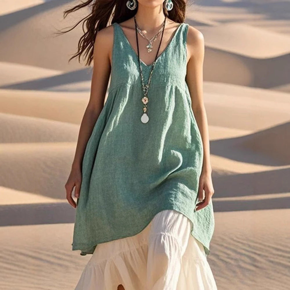 👗 Robe Plage Sans Manches Coton & Lin – Col V Été 2024