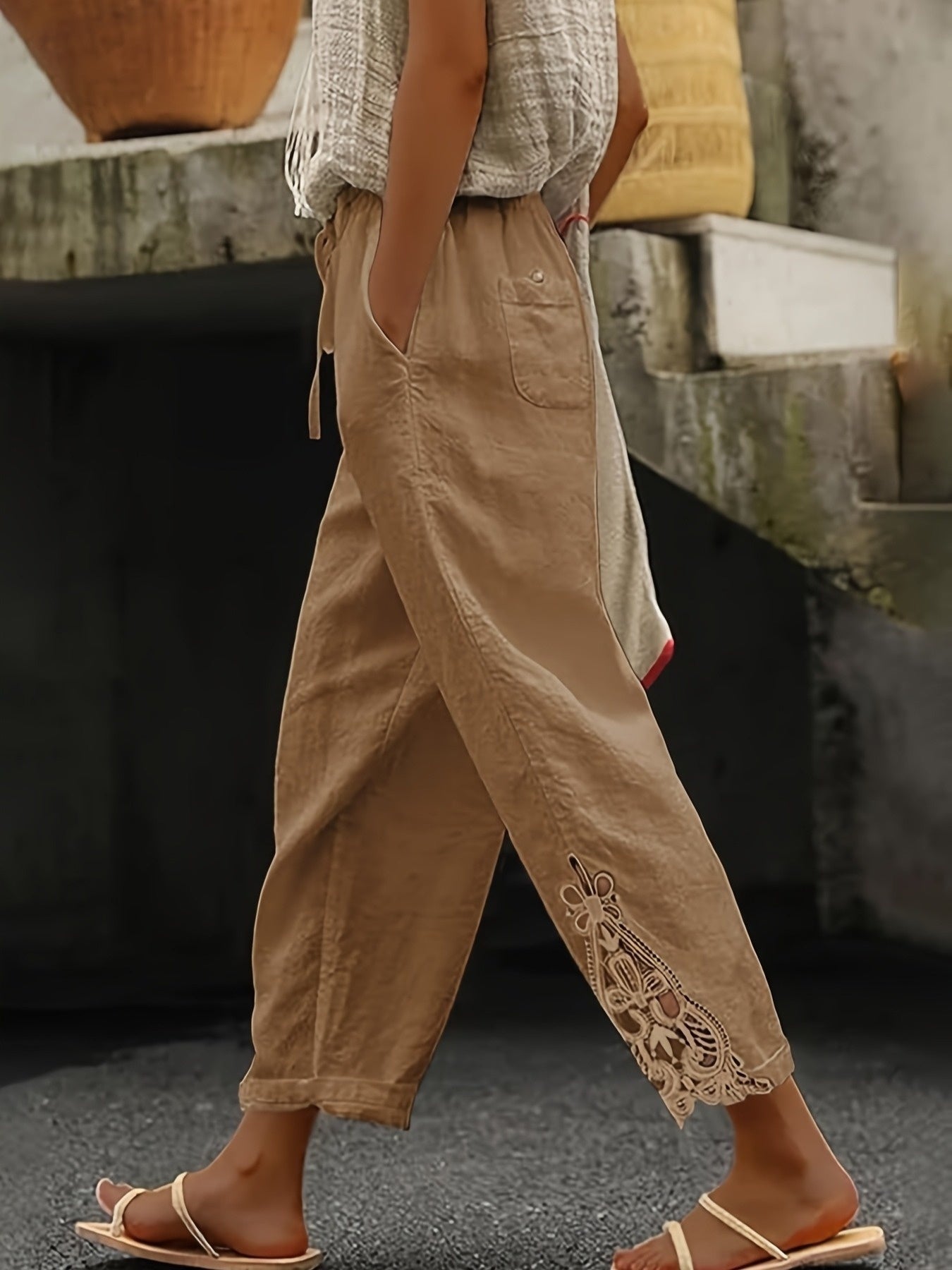 👖 Pantalon Droit Femme – Cordon de Serrage & Dentelle | XL-Charmes