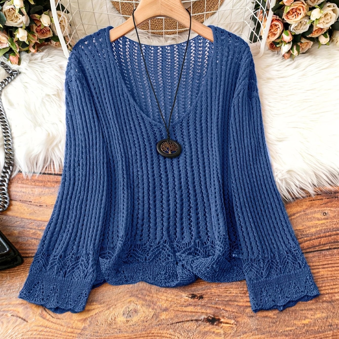 🧶 Pull Tricoté Femme – Manches Longues, Col en V & Grande Taille | XL-Charmes