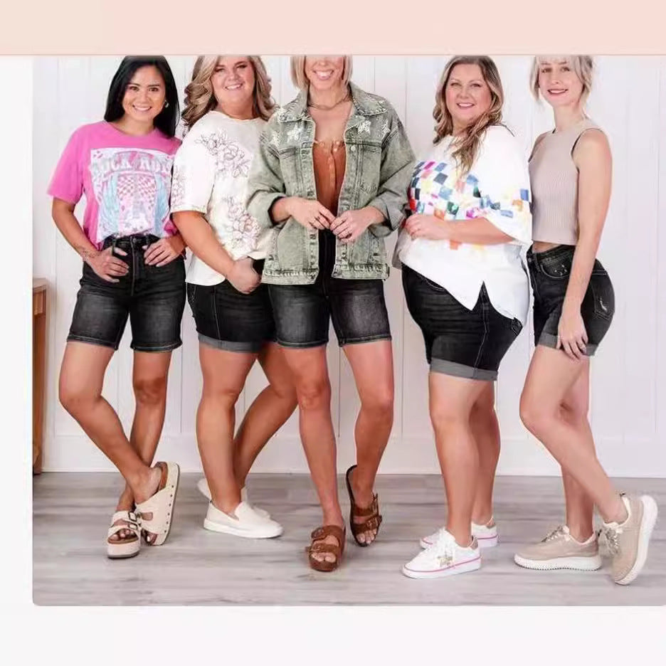 🩳 Shorts Femme Grande Taille – Jean Élastique Taille Haute