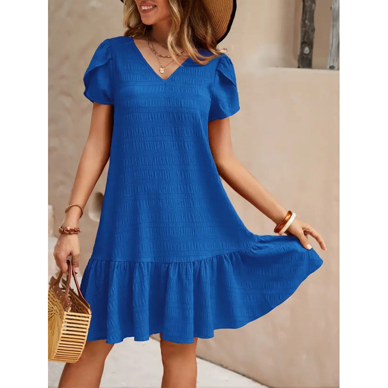 👗 Robe Ample Décontractée Col en V – Manches Courtes & Unie | XL-Charmes