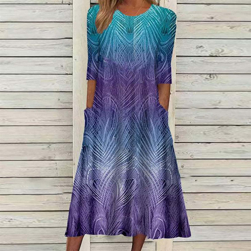 👗 Robe Imprimée Femme – Col Rond, Poches & Manches Mi-Longues | XL-Charmes