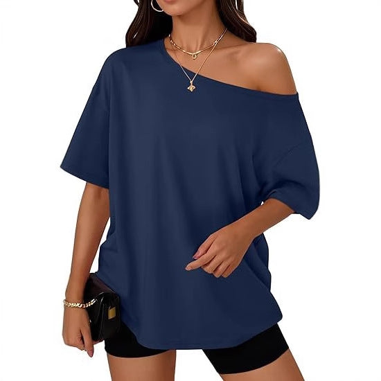 👚 T-shirt Décontracté Col Diagonal Femme – Élégant & Confortable | XL-Charmes