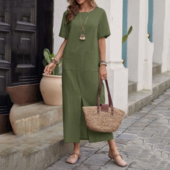 👗 Robe Coton & Lin Femme – Ample, Manches Courtes & Col Rond | XL-Charmes