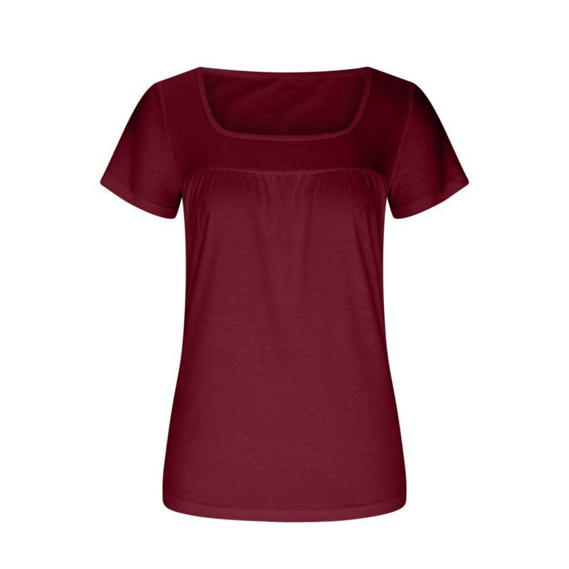 👚 T-shirt Femme Col Carré Plissé – Manches Courtes & Coupe Ample
