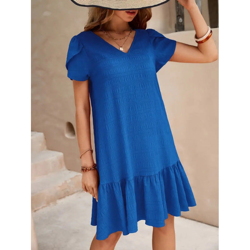 👗 Robe Ample Décontractée Col en V – Manches Courtes & Unie | XL-Charmes