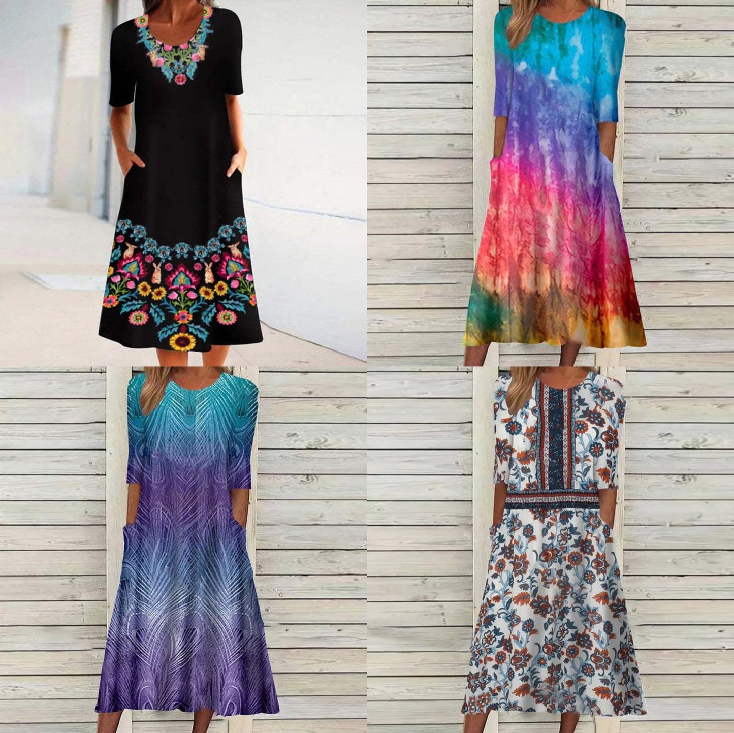 👗 Robe Imprimée Femme – Col Rond, Poches & Manches Mi-Longues | XL-Charmes