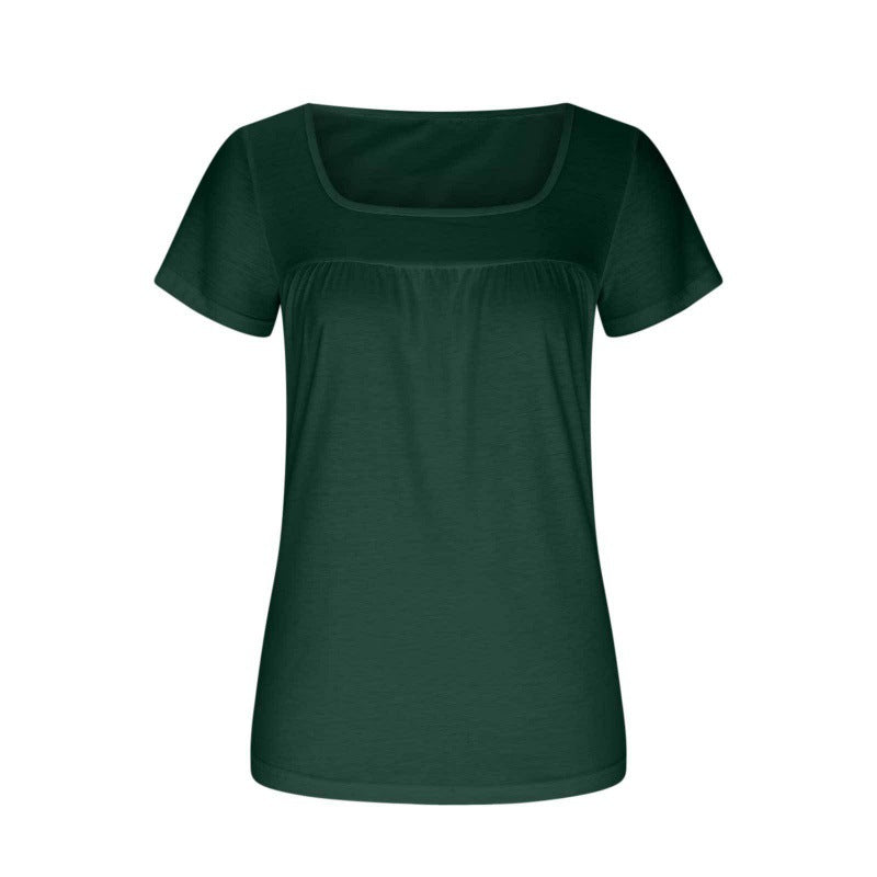 👚 T-shirt Femme Col Carré Plissé – Manches Courtes & Coupe Ample
