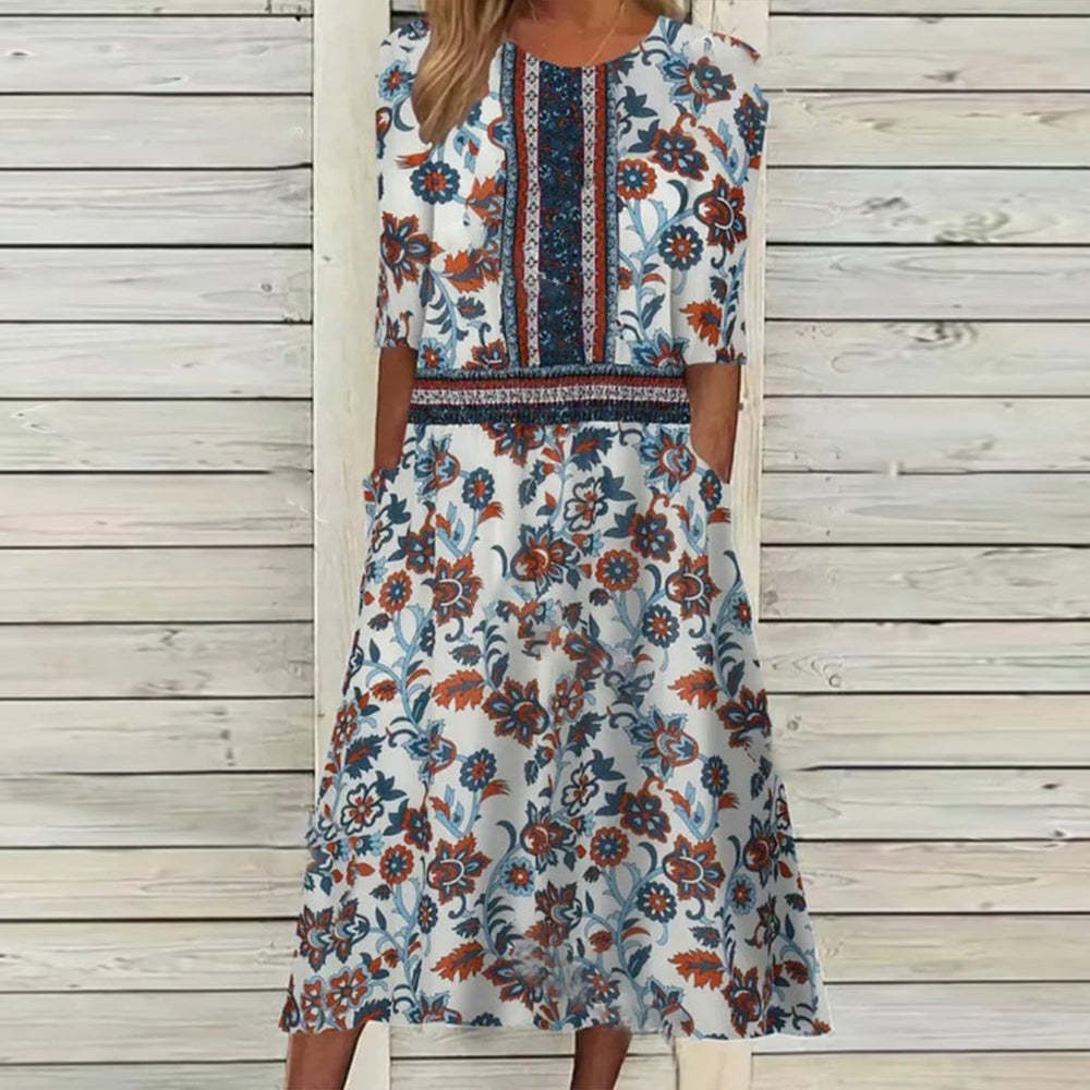 👗 Robe Imprimée Femme – Col Rond, Poches & Manches Mi-Longues | XL-Charmes