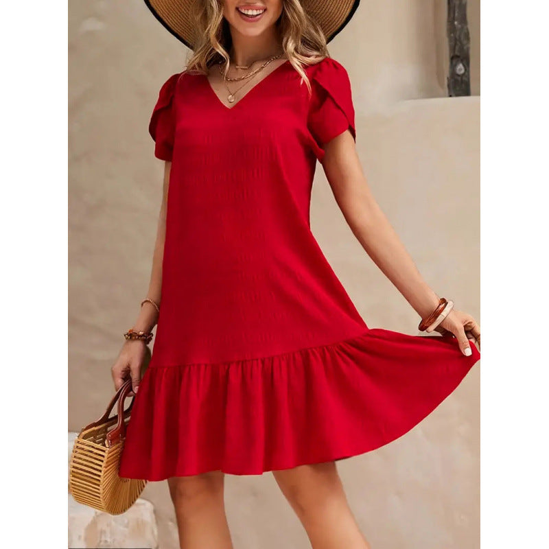 👗 Robe Ample Décontractée Col en V – Manches Courtes & Unie | XL-Charmes