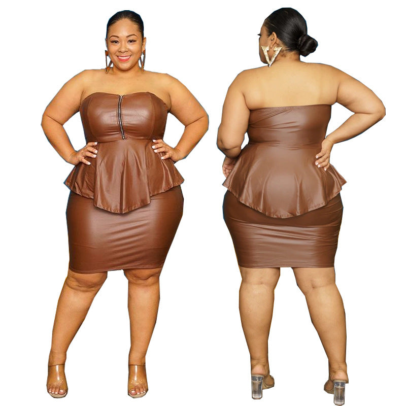 💃 Ensemble 2 Pièces Femme Grande Taille – Haut Bandeau & Jupe Étroite | XL-Charmes