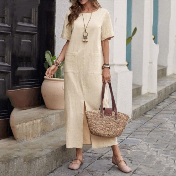 👗 Robe Coton & Lin Femme – Ample, Manches Courtes & Col Rond | XL-Charmes