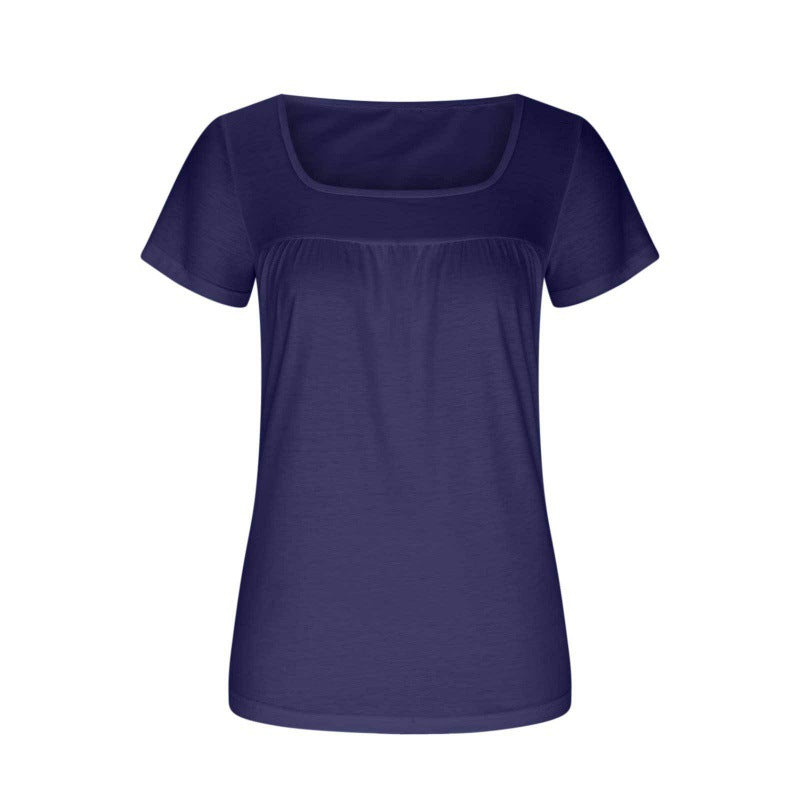 👚 T-shirt Femme Col Carré Plissé – Manches Courtes & Coupe Ample
