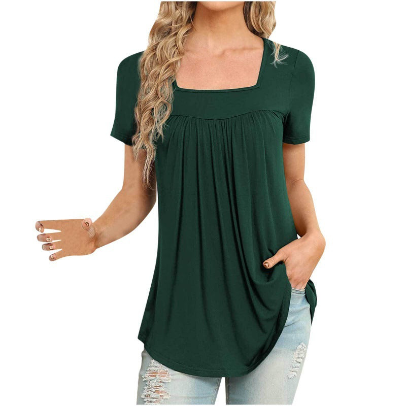 👚 T-shirt Femme Col Carré Plissé – Manches Courtes & Coupe Ample
