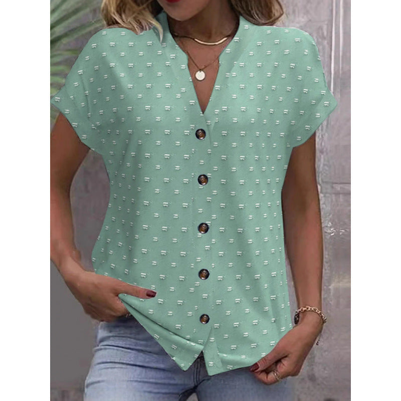 👚 Chemise Jacquard Décontractée Femme – Col en V & Manches Courtes | XL-Charmes
