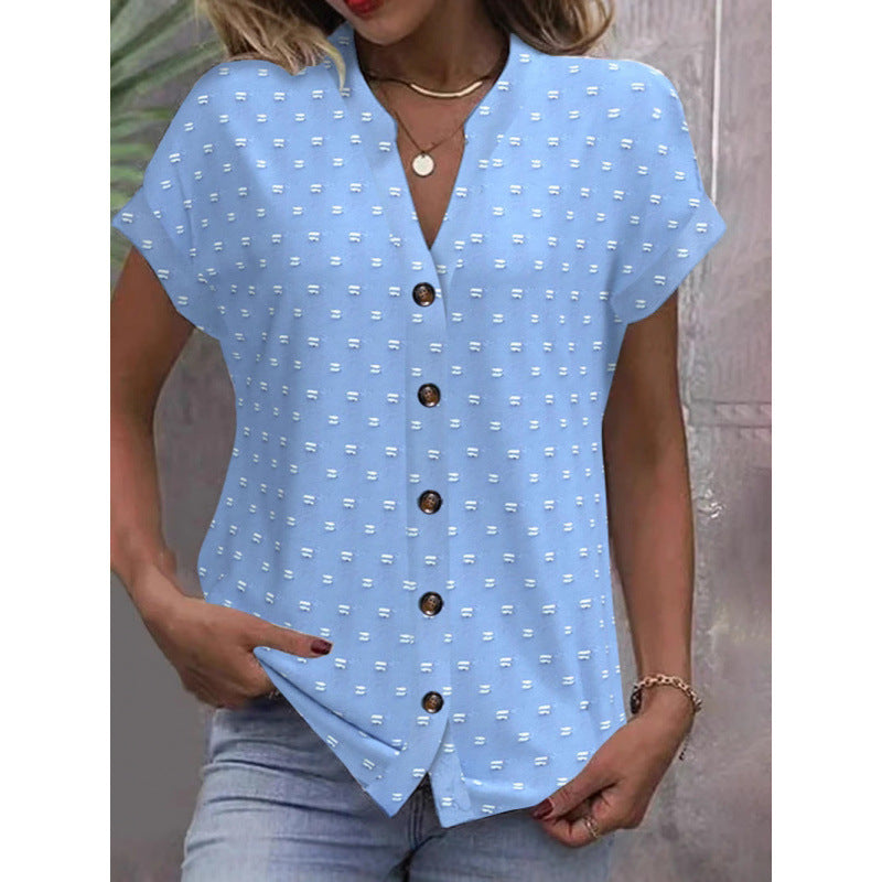 👚 Chemise Jacquard Décontractée Femme – Col en V & Manches Courtes | XL-Charmes