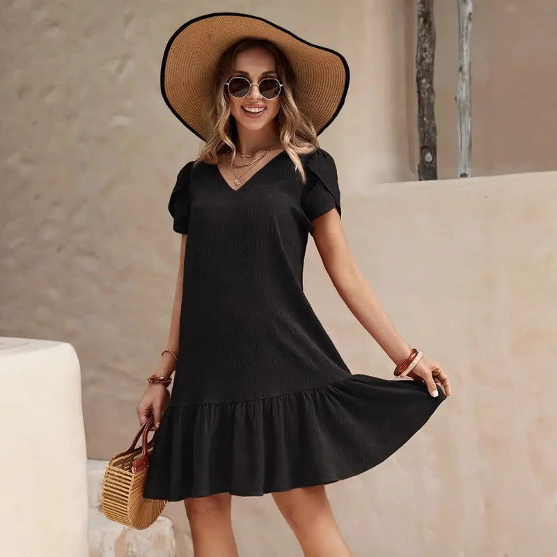👗 Robe Ample Décontractée Col en V – Manches Courtes & Unie | XL-Charmes