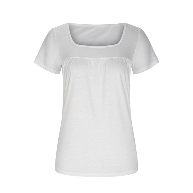👚 T-shirt Femme Col Carré Plissé – Manches Courtes & Coupe Ample