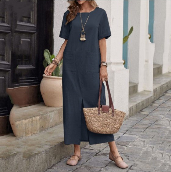 👗 Robe Coton & Lin Femme – Ample, Manches Courtes & Col Rond | XL-Charmes