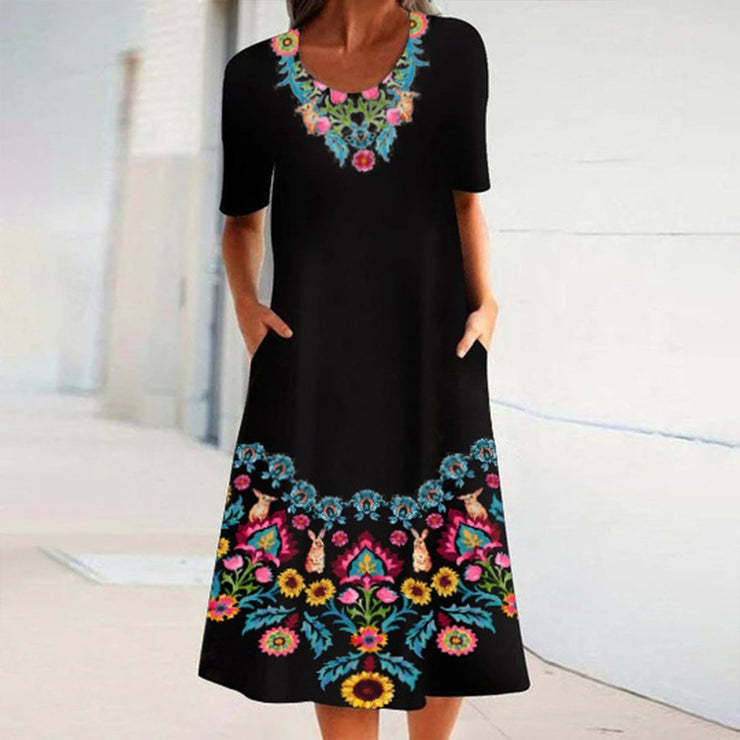 👗 Robe Imprimée Femme – Col Rond, Poches & Manches Mi-Longues | XL-Charmes