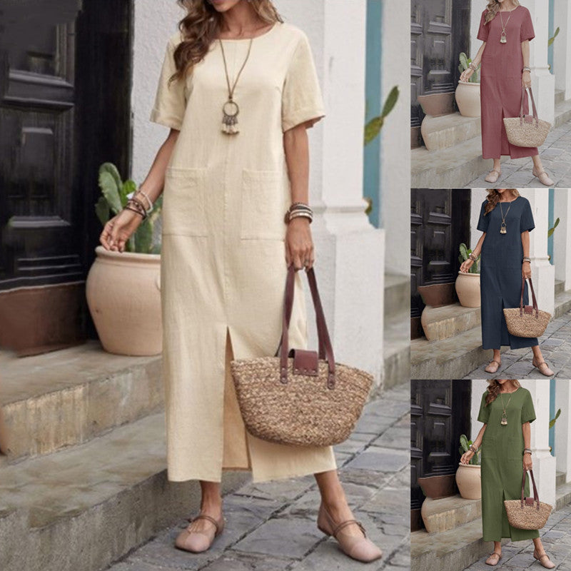 👗 Robe Coton & Lin Femme – Ample, Manches Courtes & Col Rond | XL-Charmes