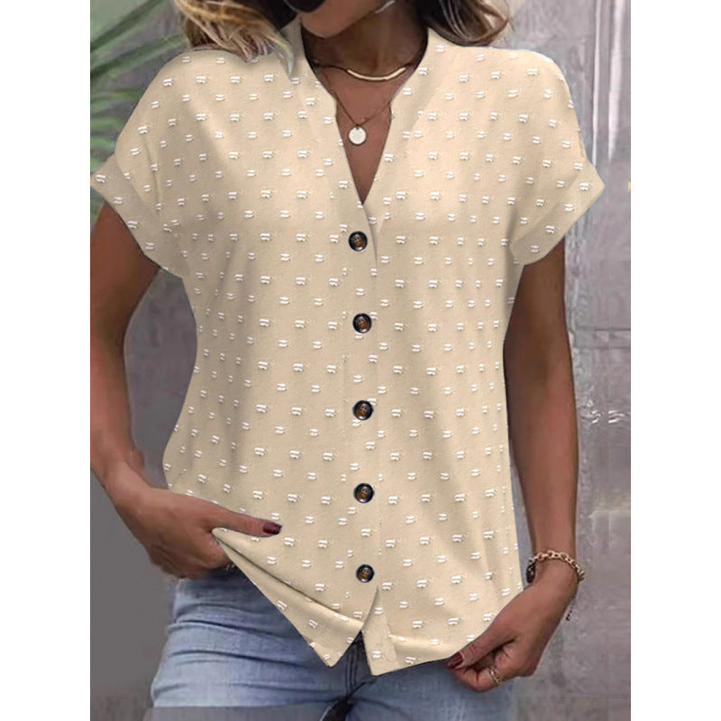 👚 Chemise Jacquard Décontractée Femme – Col en V & Manches Courtes | XL-Charmes