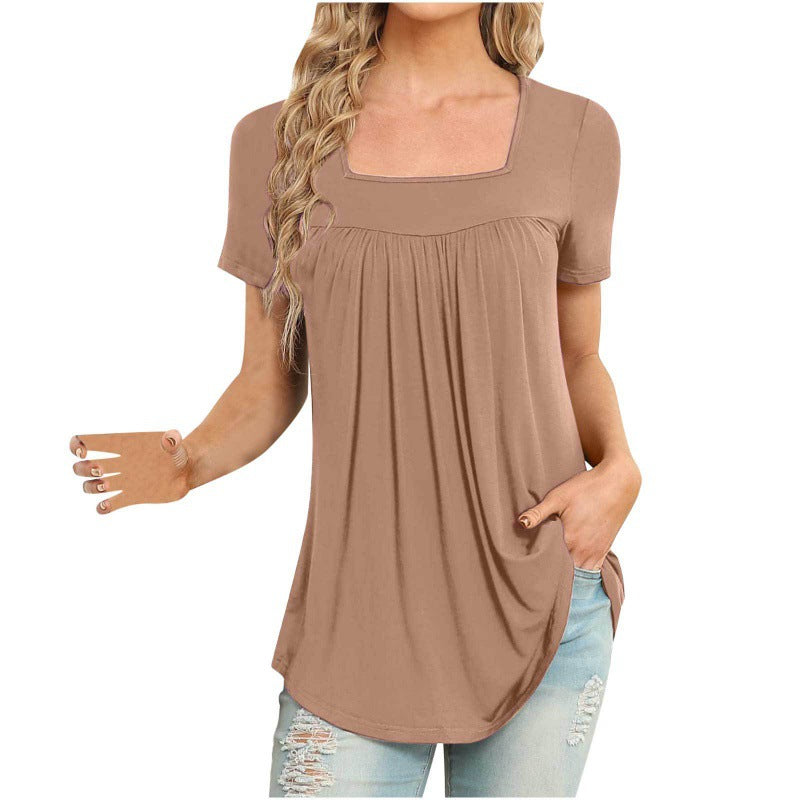 👚 T-shirt Femme Col Carré Plissé – Manches Courtes & Coupe Ample