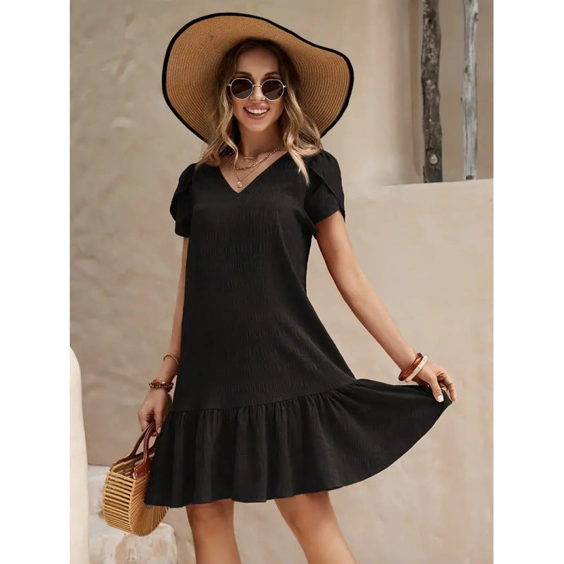 👗 Robe Ample Décontractée Col en V – Manches Courtes & Unie | XL-Charmes