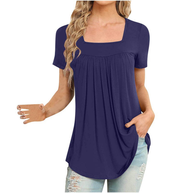 👚 T-shirt Femme Col Carré Plissé – Manches Courtes & Coupe Ample